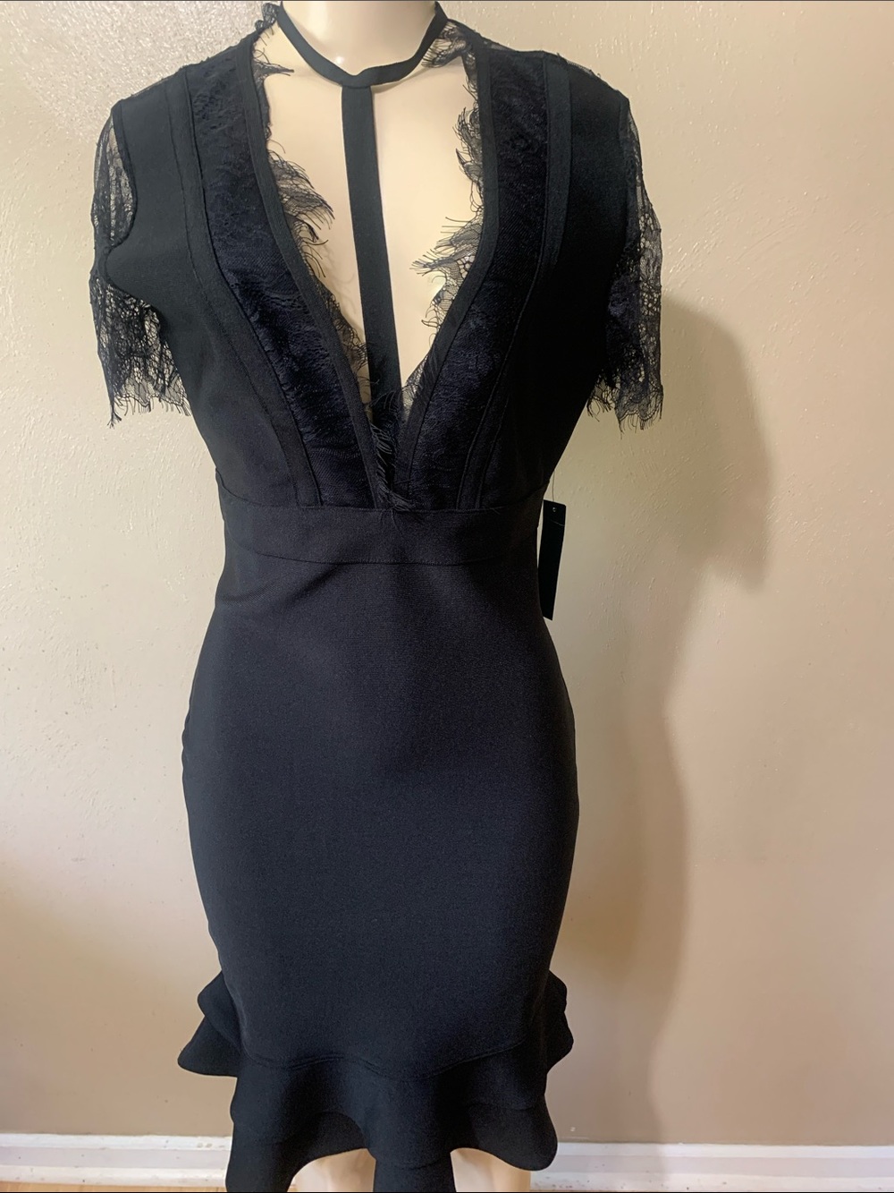 VENUS size M Black Lace-Trim Midi Dress with Ruffle Hem NWT